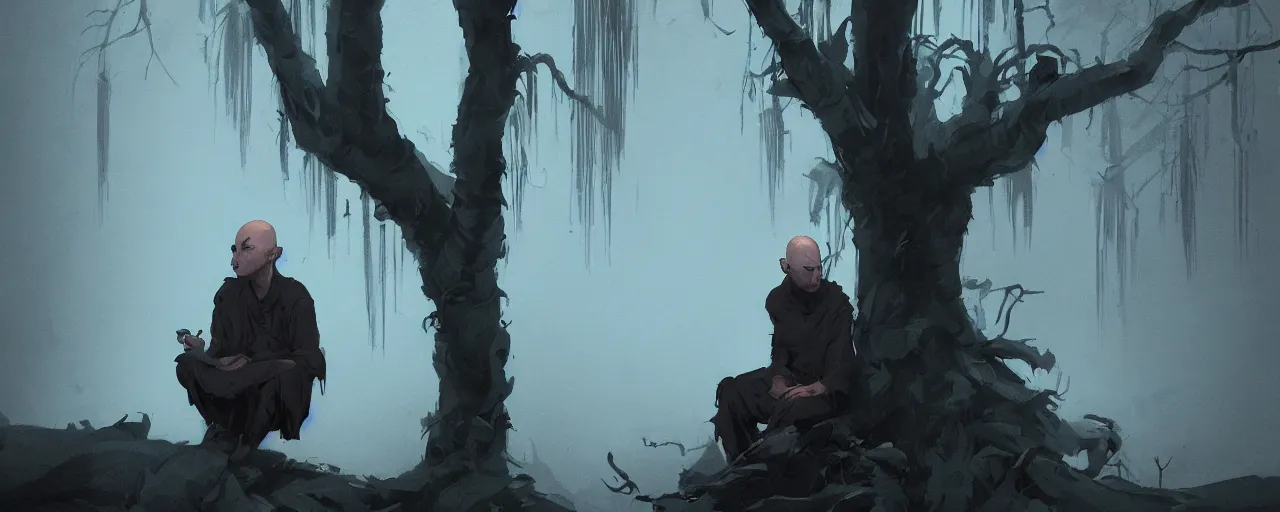 Image similar to duotone noir illustration close up of bald merchant demon sitting below willow tree in medieval brown tunic. foggy evening. dark dream atmosphere with volumetric hellish lighting, by sachin teng and sergey kolesov and ruan jia and heng z. graffiti art, scifi, fantasy, hyper detailed. octane render. concept art. trending on artstation