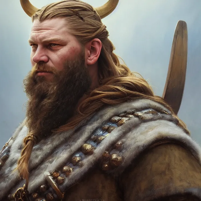 Image similar to excellent painted portrait of the ancient viking emperor of the northlands, character artwork, 8k resolution artwork, trending on artstation, detailed oil painting portrait, art by artgerm and greg rutkowski and alphonse mucha and craig mullins and James Jean and Andrei Riabovitchev and Marc Simonetti and peter mohrbacher