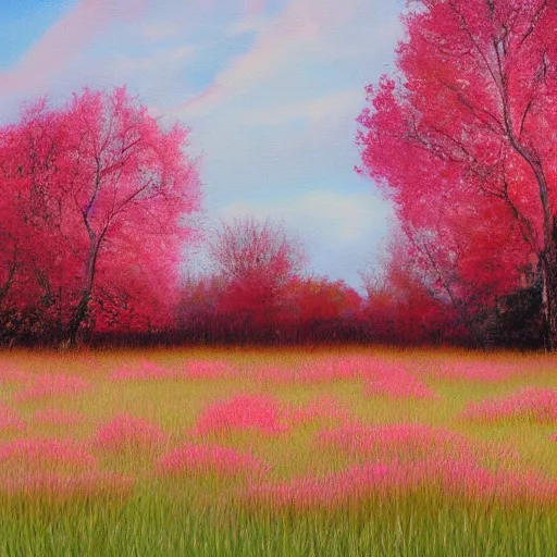 Prompt: a tall grass field sparsely littered with pink trees and red flowers, painting