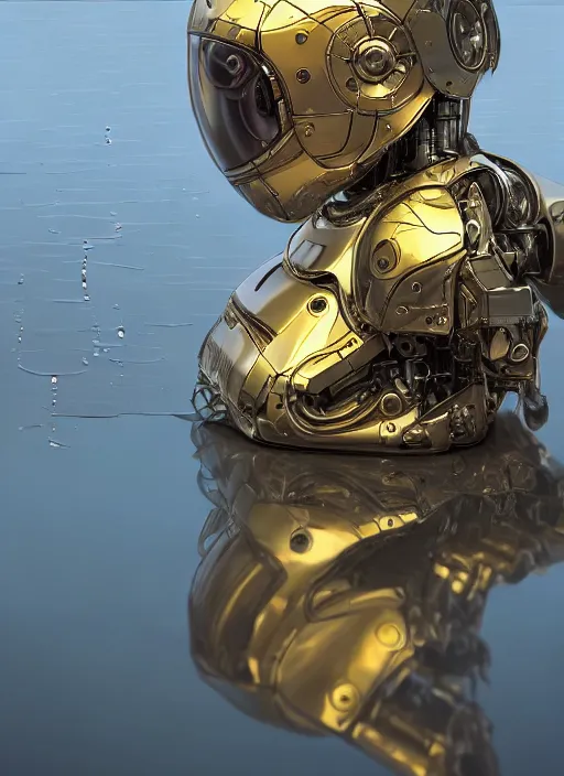 Image similar to a very detailed robot, bent over the reflection in a puddle, highly detailed, manga, perfectly face, highly detailed, masterpiece, artstation, golden ratio, soft light, perfect intricate highly detailed, detailed, painting by jemes jean, digital lines, 8 k