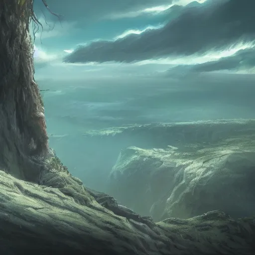 Prompt: a lone tree on the edge of a cliff overlooking a vast abyss, fantasy, concept art, illustration, artstation award