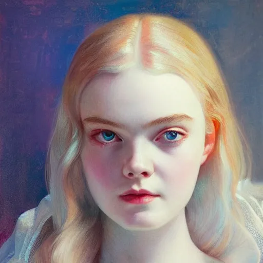 Image similar to Elle Fanning as an Android, oil on canvas, neon lighting, artstation, by J. C. Leyendecker and Peter Paul Rubens,