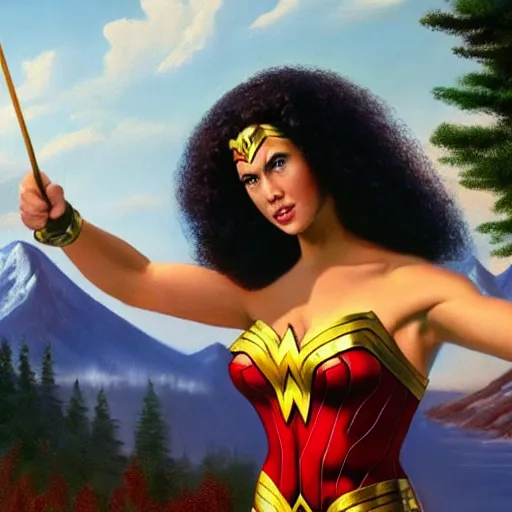 Image similar to a closeup photorealistic photograph of bob ross working on a canvas painting of wonder woman. film still. brightly lit scene. mountains and trees. this 4 k hd image is trending on artstation, featured on behance, well - rendered, extra crisp, features intricate detail, epic composition and the style of unreal engine.