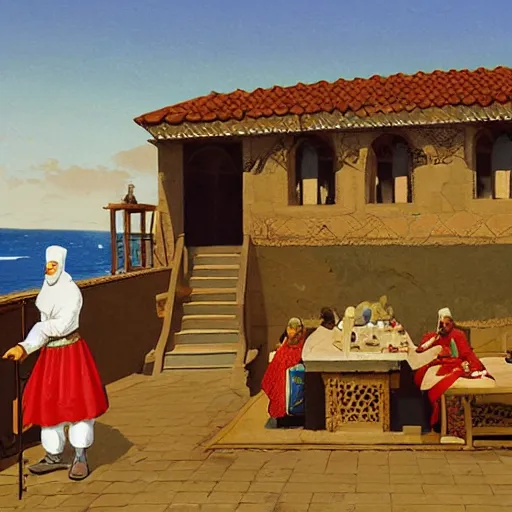 Prompt: a medieval turkish nobleman takes breakfast at his coastal manor with his family ; gouache matte painting by angus mcbride, 8 k, hdr, digital matte painting.