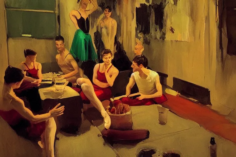 Image similar to ballet dancers drinking brutal and raw wine, inside a tiny green room with red lights by joaquin sorolla, greg rutkowski, bill sienckiwicz, extremely detailed