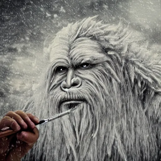 Image similar to a high detailed realistic photo of a long haired yeti writing on parchment with a quill in a windy snowstorm with fur being blown in the wind