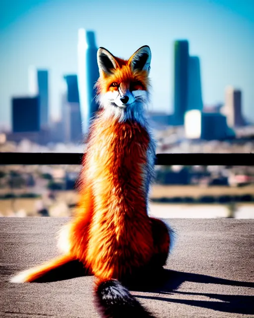 Image similar to photorealistic photo of anthropomorphic female fox animal dressed in jean jacket and scarf, fox animal, los angeles skyline in background, 8 5 mm f / 1. 4,