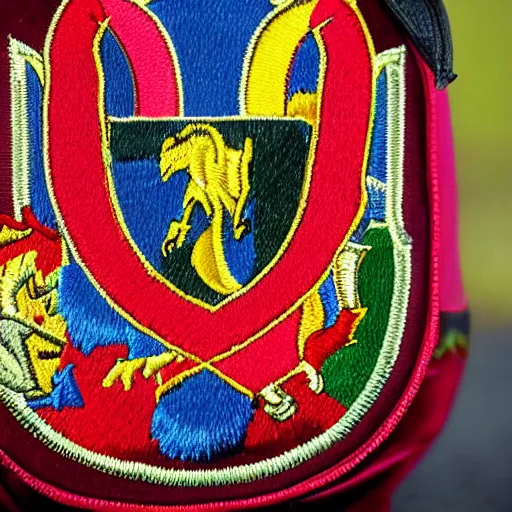 Prompt: closeup photo of a colorful embroidered patch of the coat - of - arms of the house of watanka from hogwarts which has the theme of a buffalo. the patch is sewn onto a leather school - bag.