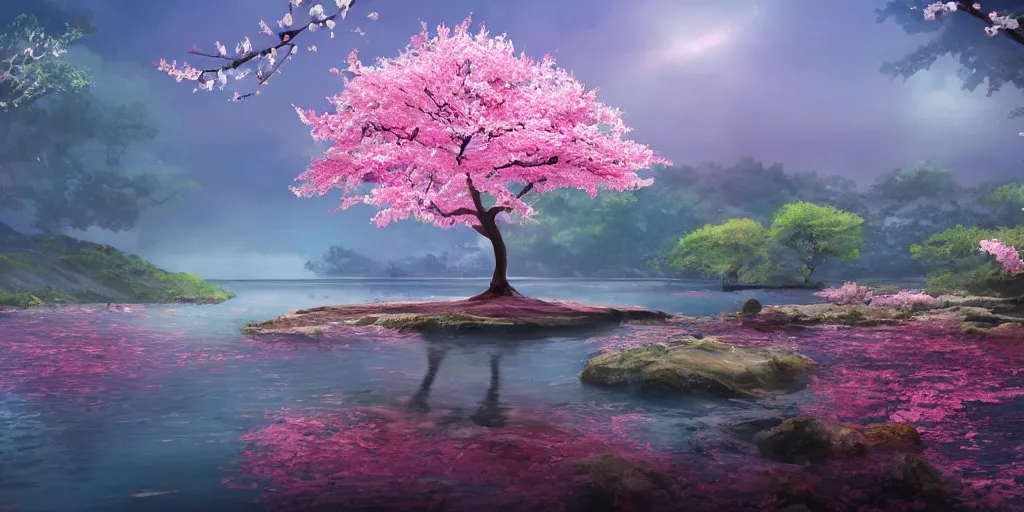 Image similar to a single sakura tree growing upon an island in a lake, cherry blossoms, illustration, light beams, digital art, oil painting, fantasy, 8 k, trending on artstation, detailed