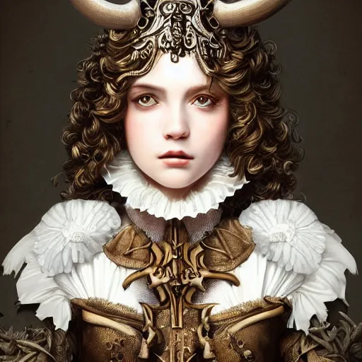 Image similar to A masterpiece ultrarealistic ultradetailed portrait of a Incredibly beautiful angel princess with Royal Tevton Knight Skull Full Iron Closed Helmet with Big Iron Bull Horns . baroque renaissance girl in the night forest. medium shot, intricate, elegant, highly detailed. trending on artstation, digital art, by Stanley Artgerm Lau, WLOP, Rossdraws, James Jean, Andrei Riabovitchev, Marc Simonetti, Yoshitaka Amano. background by James Jean and Gustav Klimt, light by Julie Bell, 4k, porcelain skin.