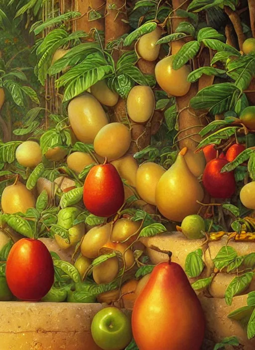 Image similar to a beautiful painting of pots filled with fruits and food in the jungle, close up, abundance, art by christophe vacher