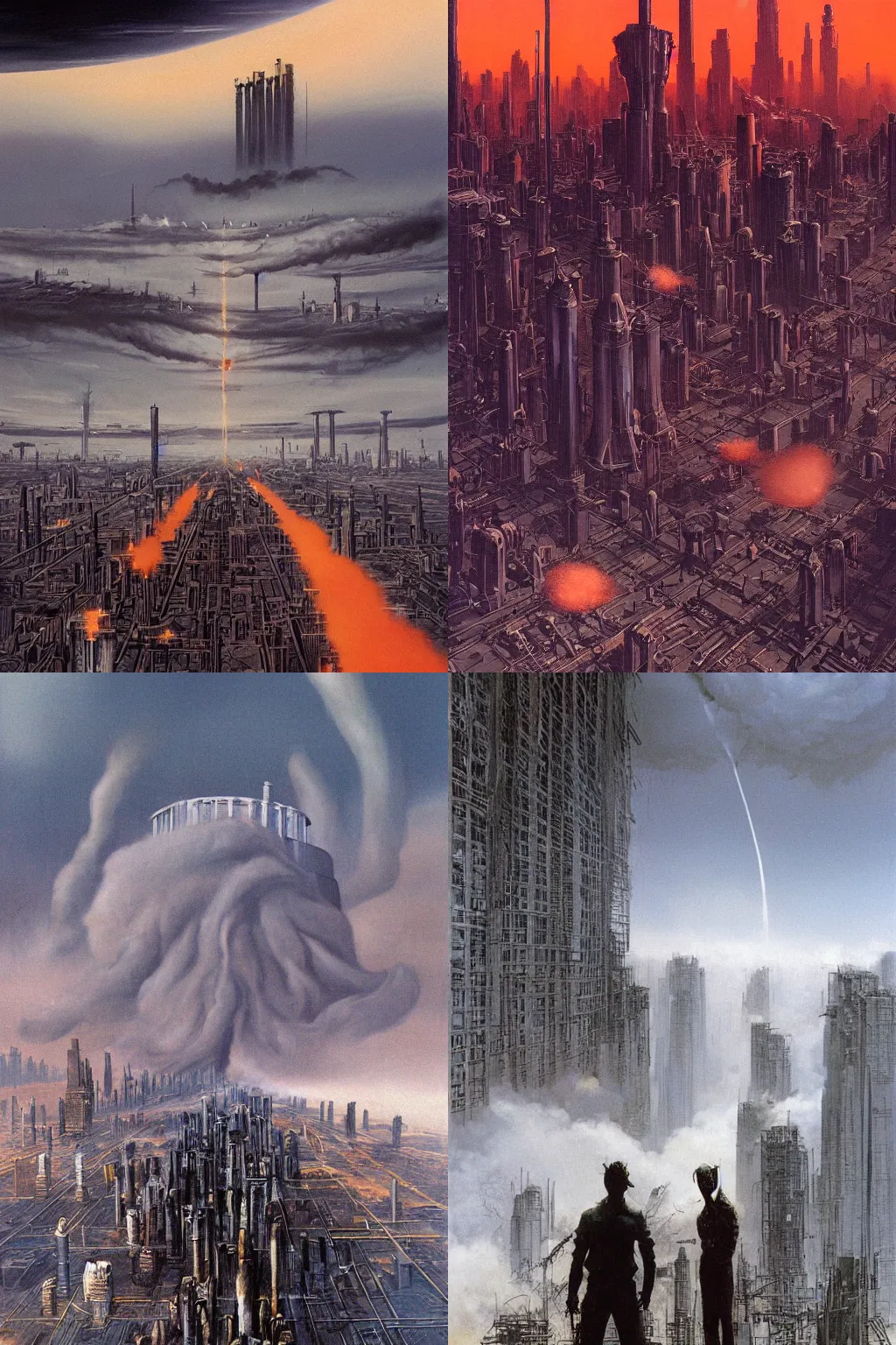 Prompt: a world with no future, a giant column of smoke billows around a massive vertical city on the horizon, the ground is covered with pipes leading toward the explosion, pipes completely cover a wide flat plain in front of the city, concept art, gritty world, fantasy, sci-fi, bookcover by michael whelan and vincent di fate