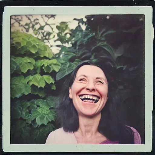 Prompt: a polaroid of a laughing woman with her hand covering her right eye taken in front of a herbaceous border