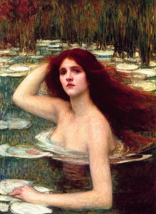 Prompt: lady of shallot as ophelia, underwater, submerged, close up portrait by john william waterhouse, rosetti, monet, william holman hunt, 8 k