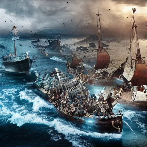 Image similar to An Epic viking sea battle, realistic 4k octane beautifully detailed render, 4k post-processing, highly detailed, intricate complexity, epic composition, magical atmosphere, cinematic lighting, masterpiece, ultra hd