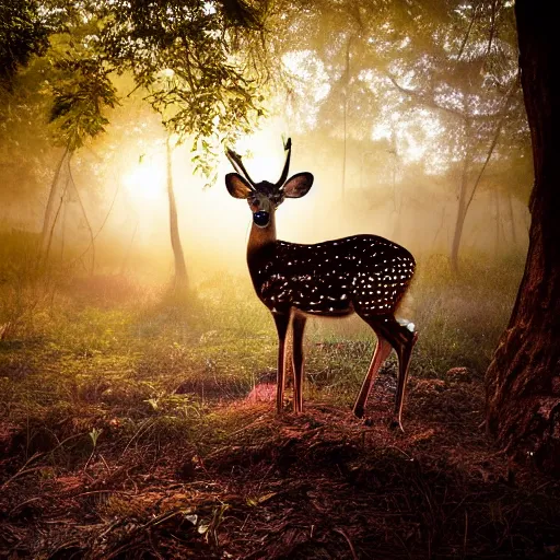 Image similar to a beautiful spotted deer in the woods lit by the morning sky, sunrise, chital, photorealistic, by annie leibovitz and steve mccurry, natural light, canon eos c 3 0 0, ƒ 1. 8, 3 5 mm, 8 k, medium - format print