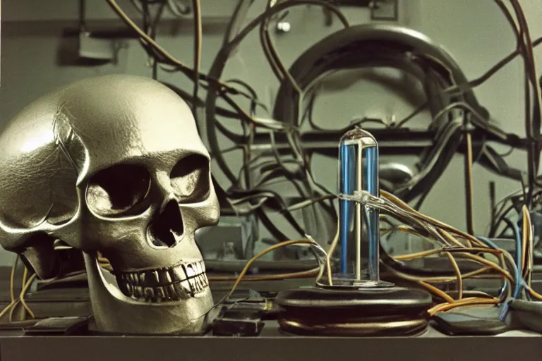 Prompt: large metallic skull sitting atop a pile of thick coiled power cable, stoic and calm, inside of an unlit 1970s science lab, full color ektachrome photograph, volumetric lighting, f8 aperture, cinematic Eastman 5384 film