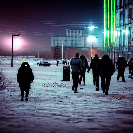 Prompt: people are walking past plasma vehicles, back from work in a Russian cyberpunk city called Neo Norilsk on the Moon, pitch black sky with stunning bright stars, bright sun, diverse, lively, black sky full of stars, blinding bright sun, sci-fi, lots of flying cars, levitation, cyberpunk outfits, photorealistic, grainy, 35mm, intricate, very very beautiful, elegant, smooth, cinematic, Unreal Engine 5, by Beeple, trending on Artstation HD