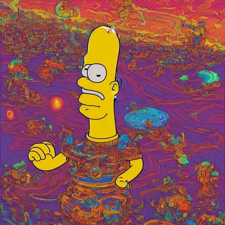 Prompt: A psychedelic painting of Homer Simpson breaking the simulation, digital art by Dan Mumford and Peter Mohrbacher, highly detailed