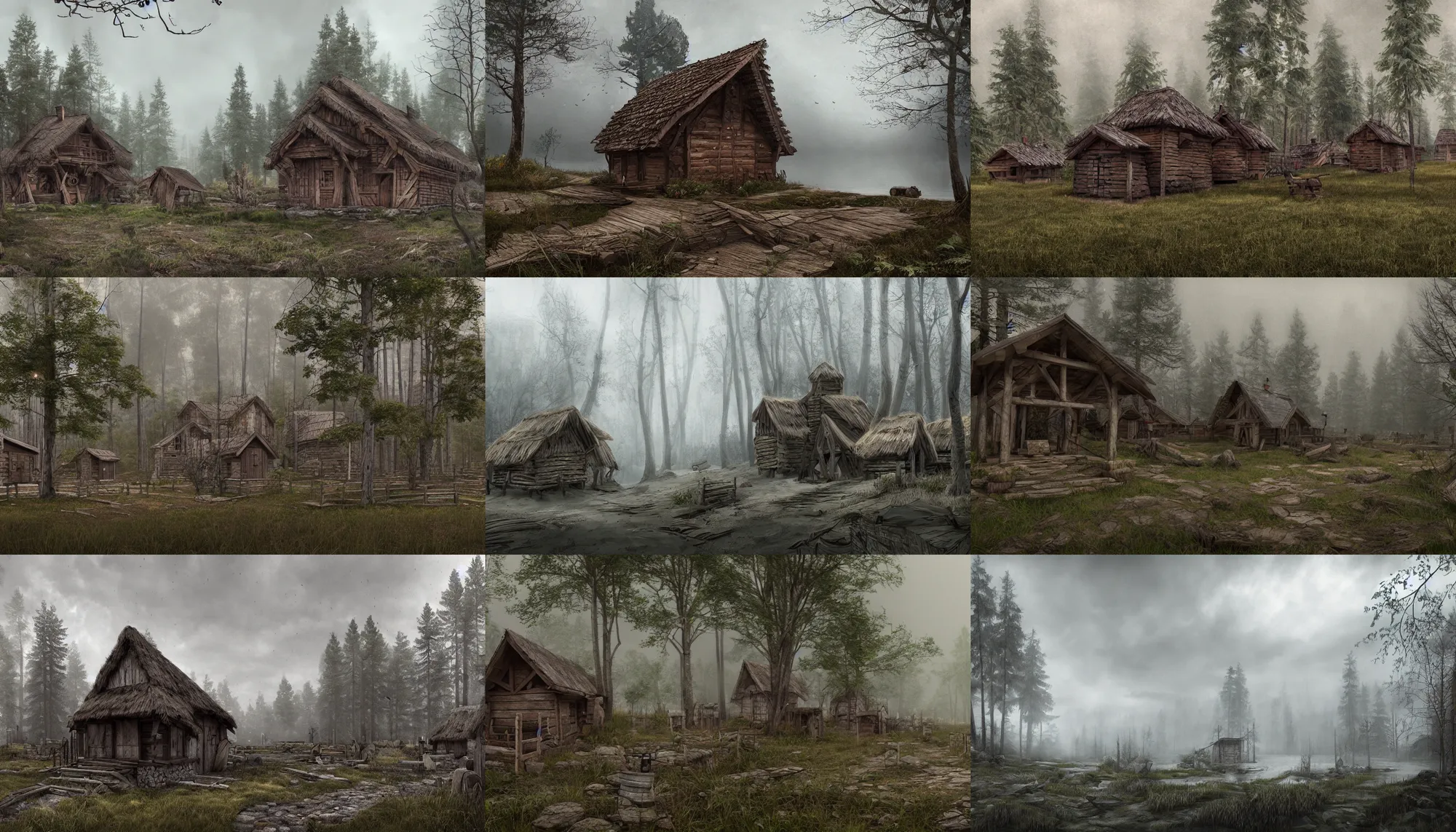 Prompt: slavic wooden village palisaded build in a forest near of a lake, grey sky, hyperdetailed, artstation, cgsociety, 8 k