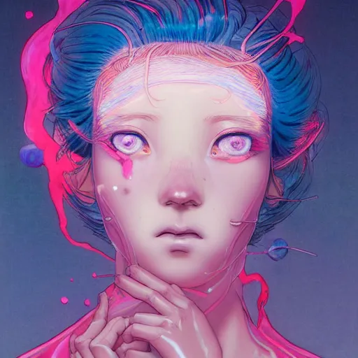 Image similar to prompt : pink and blue portrait soft light painted by james jean and katsuhiro otomo and erik jones, inspired by evangeleon anime, smooth face feature, intricate oil painting, high detail illustration, sharp high detail, manga and anime 1 9 9 0