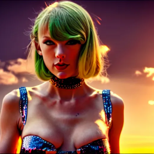 Image similar to cinematic scene with taylor swift as jolyne from jojo's bizarre adventure, live action film, stone ocean, dramatic, small details, volumetric lighting, still frame