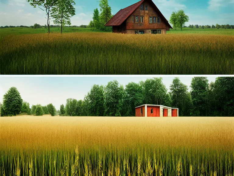 Prompt: hyperrealism photography of beautiful detailed eco house around the forest in small ukrainian village by taras shevchenko and wes anderson, wheat field behind the house