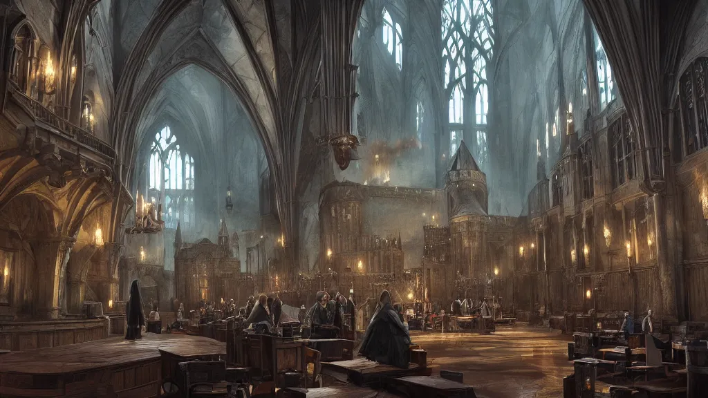 Image similar to hogwarts cinematic great hall art, detailed epic illustration, darek zabrocki, unreal engine,