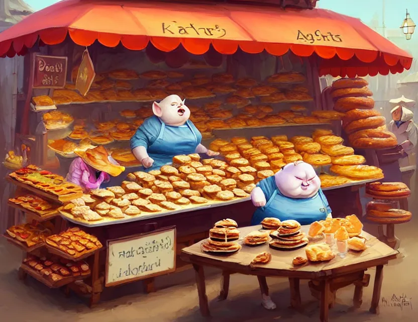 Image similar to a cute painting, one adorable very short fat obese kobold wearing an apron is happily selling delicious pastries at her stall in the market at kragkash, intricate, highly detailed, artstation, concept art, smooth, sharp focus, colorful scene, art by artgerm and greg rutkowski and wlop