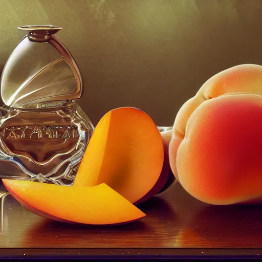 Image similar to perfume bottle surrounded by fresh, sliced peaches, path traced, environment, highly detailed, concept art, realistic, octane render, up close shot shinji aramaki, karol bak, alphonse mucha