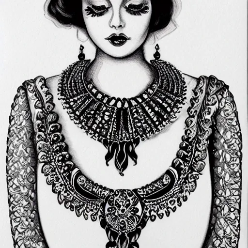 Image similar to black and white opulent feminine jewellery ornate necklace tattoo design sketch on paper