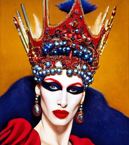 Prompt: an 8 0 s close - up portrait of a woman with dark blue eye shadow and red lips with dark slicked back hair, a mask of beads and jewels hanging from a crown by serge lutens, rolf armstrong, delphin enjolras, peter elson, background of classic red cloth