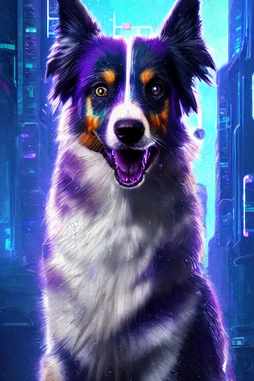 Image similar to a beautiful portrait of a cute cyberpunk australian shepard by greg rutkowski and wlop and sandra chevrier, purple blue color scheme, high key lighting, volumetric light, digital art, highly detailed, fine detail, intricate, ornate, complex, octane render, unreal engine, photorealistic