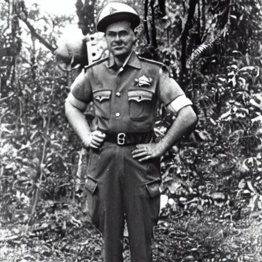 Prompt: 1937s photo ss officer with a ufo on a secrete base in the Amazon rainforest