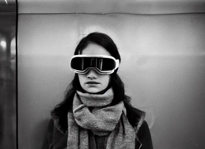 Image similar to close - up portrait of a young woman wearing a choker and ski goggles, in a subway, richard avedon, tri - x pan