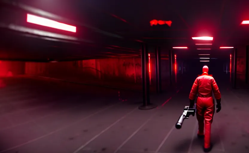Prompt: in-game screenshot of a dark red hazmat scientist holding a gun walking on unreal engine 5, in a liminal underground garden, photorealistic, retrofuturism, brutalism, staggered terraces, minimalist