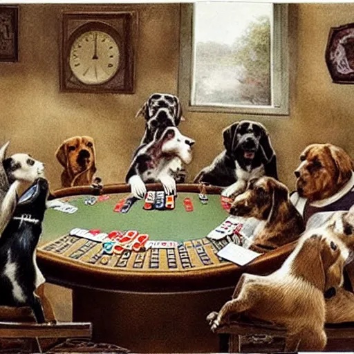 Prompt: Dogs playing poker during World War 3