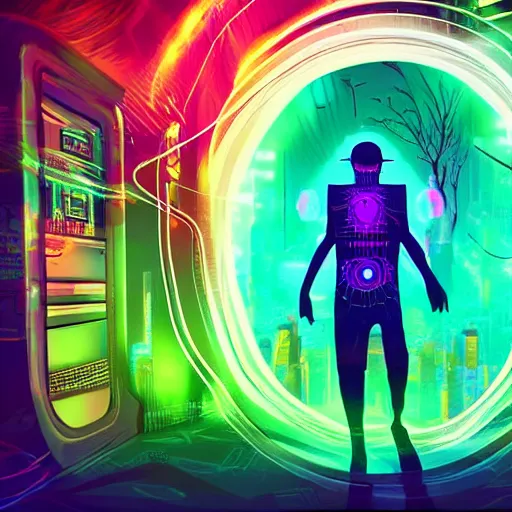 Prompt: interdimensional DMT beings crossing through a portal, bright tones, cyberpunk