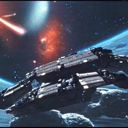 Image similar to a still from a space war movie