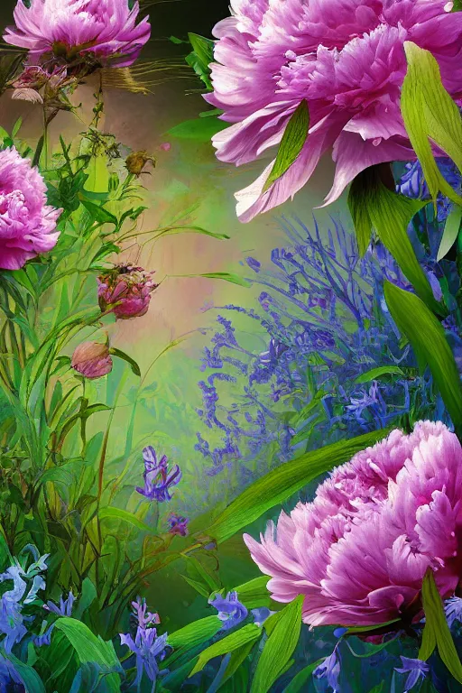 Prompt: beautiful digital matter cinematic painting of whimsical botanical illustration of peonies and bluebells, whimsical scene bygreg rutkowki artstation