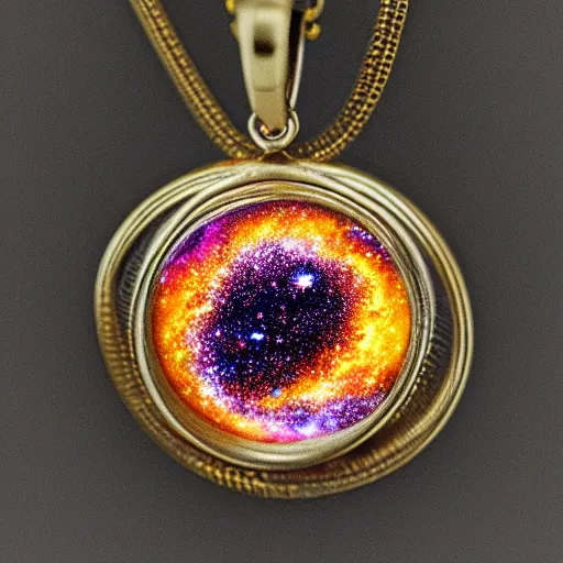 Image similar to close up on a pendant containing a galaxy full of life, 8k, macro lens, surrealistic art, vivid colors