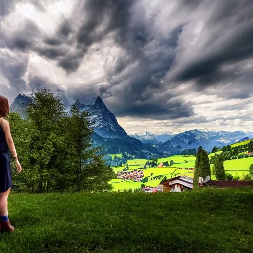 Image similar to a beautiful photograph of a girl with switzerland landscape in the background with trees, hdr, 8 k, high quality, sharp focus, artstation, highly detailed, award - winning, dramatic lighting, beautiful clouds, and nature