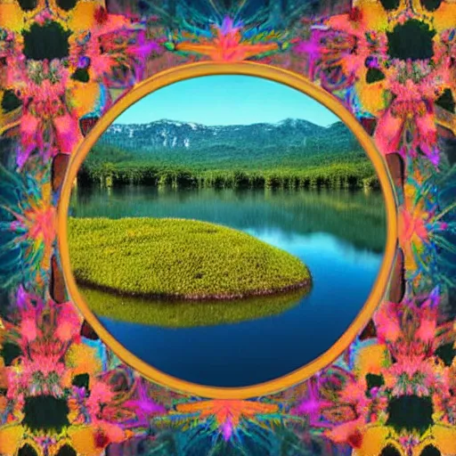 Prompt: a vintage album cover, photograph of a surreal lake surrounded by beautiful psychedelic flowers, symmetrical, ultra-realistic