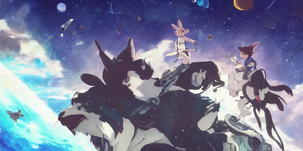 Prompt: border collie shooting space bunnies, in the space, on the space ship. nime key visual of luffy studio lit directed gaze, trending on pixiv fanbox, painted by greg rutkowski makoto shinkai takashi takeuchi studio ghibli