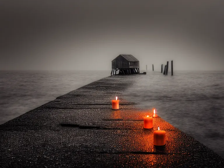 Prompt: a forgotten wharf on a cold sea by zacharias aagaard and magali villeneuve, hyperrealism, high contrast, low light, desaturated, grey mist, cobblestones, orange candle flames, volumetric lighting