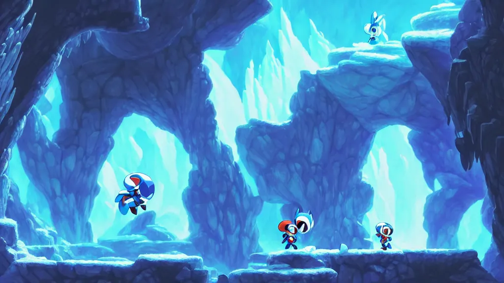 Image similar to side scrolling megaman zero stage 1 the ice cave, studio ghibli, pixar and disney animation, sharp, rendered in unreal engine 5, highly detailed, digital painting, artstation, hollow knight, smooth, sharp focus, illustration, wide angle, wallpaper, splash art, promo art, dramatic lighting, art by artgerm and greg rutkowski and bo chen and jin xiaodi