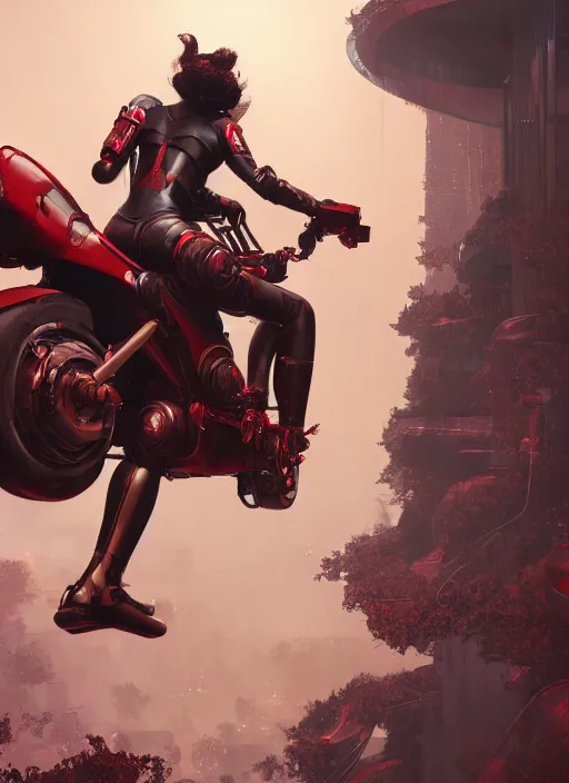 Image similar to a woman riding on the back of a red motorcycle, cyberpunk art by eddie mendoza, cgsociety contest winner, afrofuturism, rendered in unreal engine, unreal engine 5, unreal engine