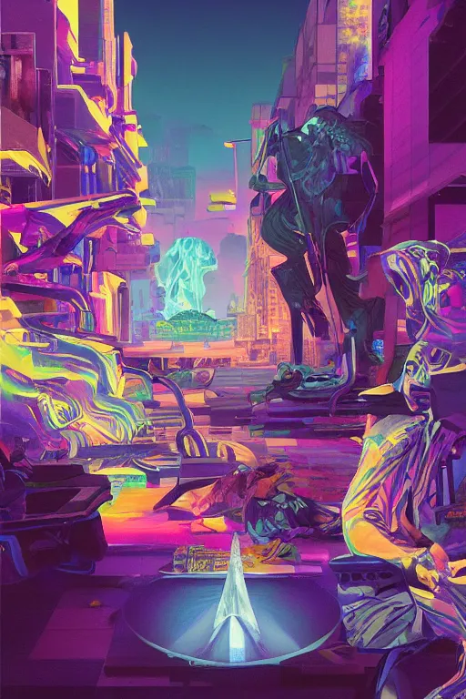 Prompt: shadow of the illuminate, painted by sid check and george barr, trending on artstation, dramatic lighting isometric view vaporwave, iridescent colors, vaporwave, macro, mannerism