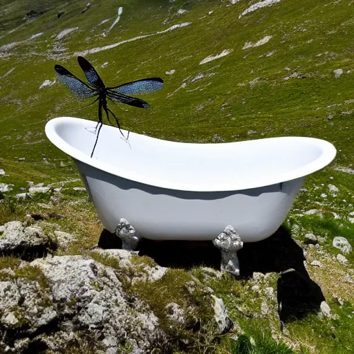 Image similar to dragonfly in a bathtub in the alps, herd of goats!!!! in background