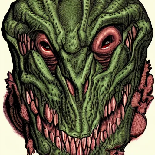 Prompt: head of reptilian monster from doom